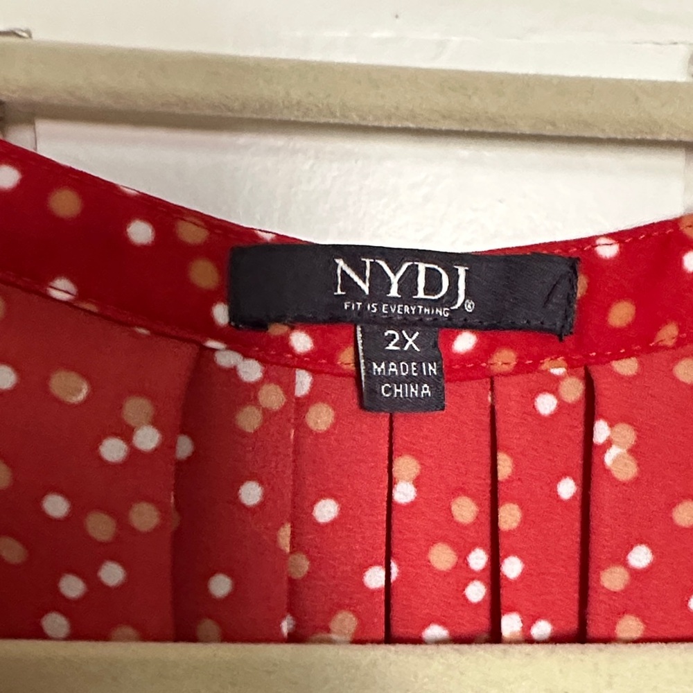 NYDJ V-Neck Red Blouse with White Dots - Picture 2 of 3